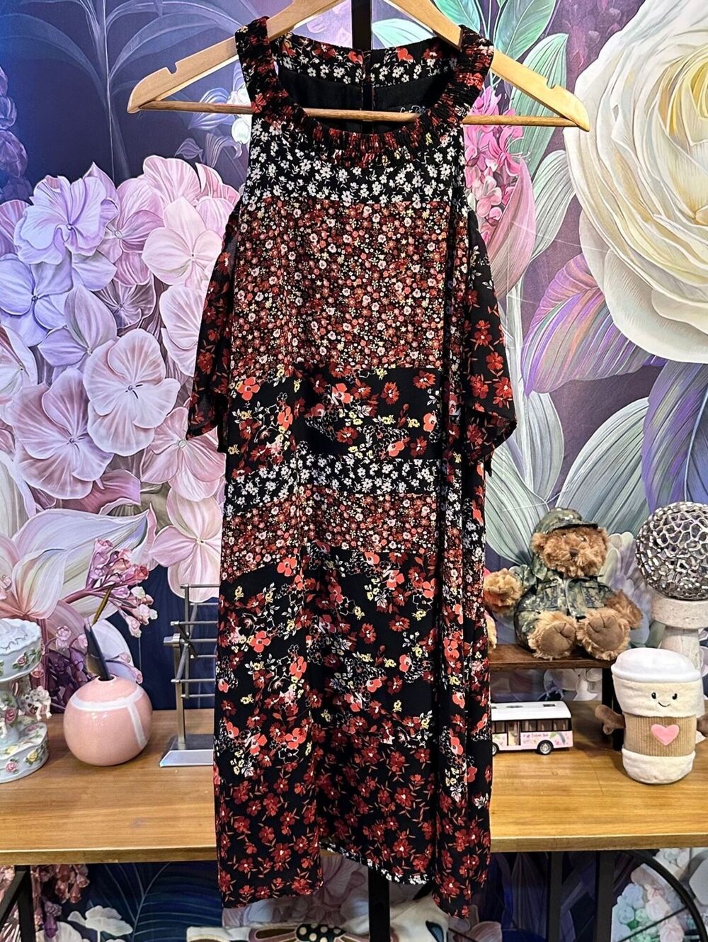 Love Reign M Floral Lined Dress Cold Shoulder Boho Cottagecore Patchwork Prairie